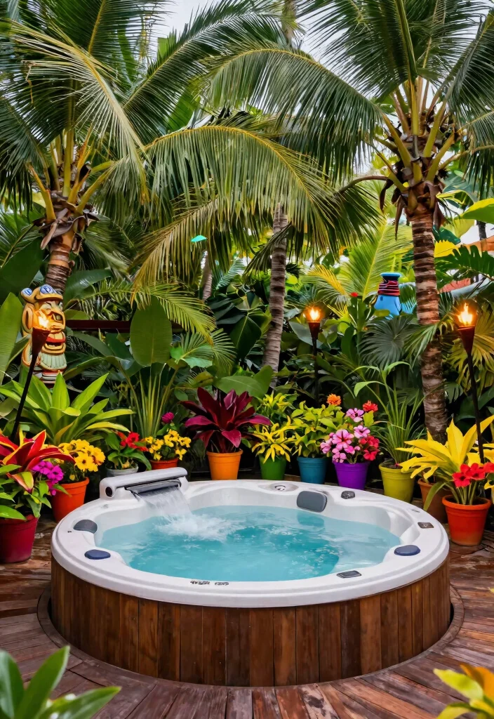 10 Beautiful Hot Tub Surround Ideas to Enhance Your Space 2. Tropical Paradise 0