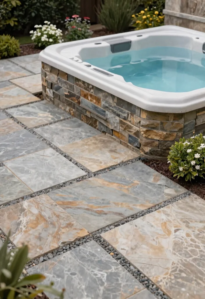 10 Beautiful Hot Tub Surround Ideas to Enhance Your Space 6. Elegant Stone Patio 0
