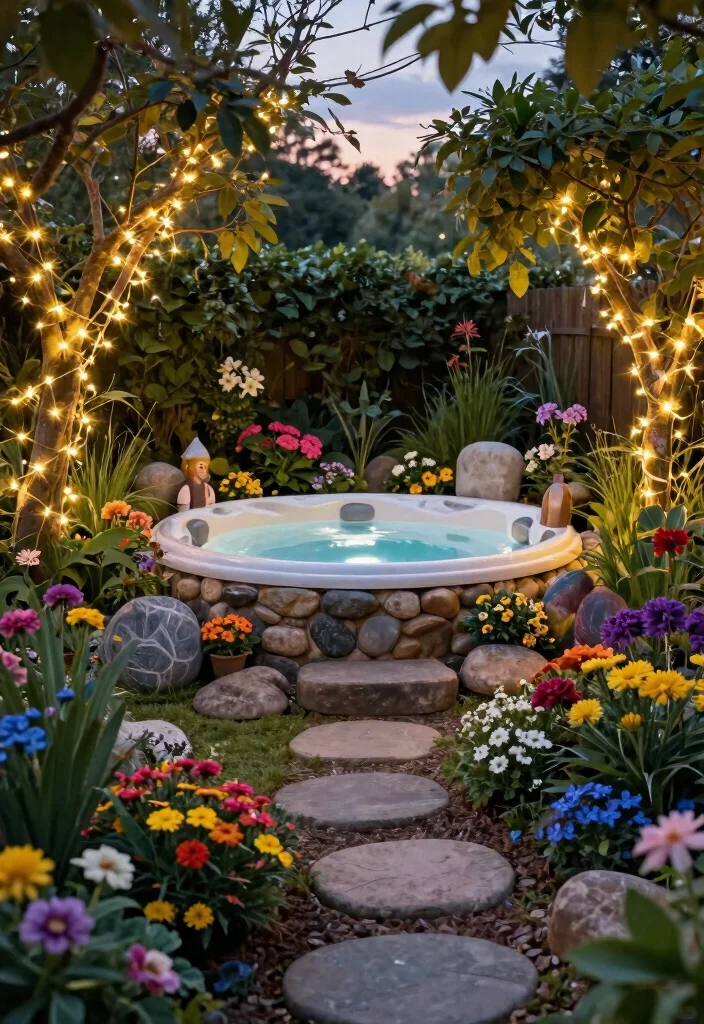 10 Beautiful Hot Tub Surround Ideas to Enhance Your Space 7. Enchanted Fairy Garden 0