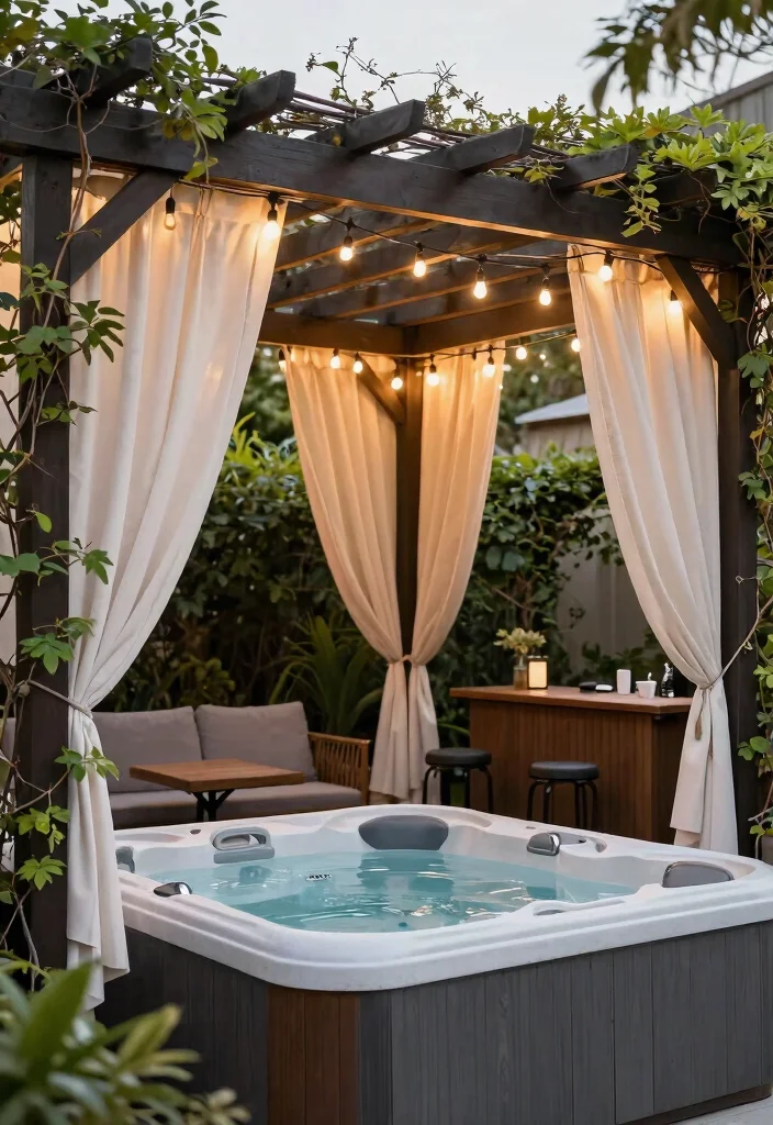 10 Beautiful Hot Tub Surround Ideas to Enhance Your Space 8. Elegant Pergola Cover 0