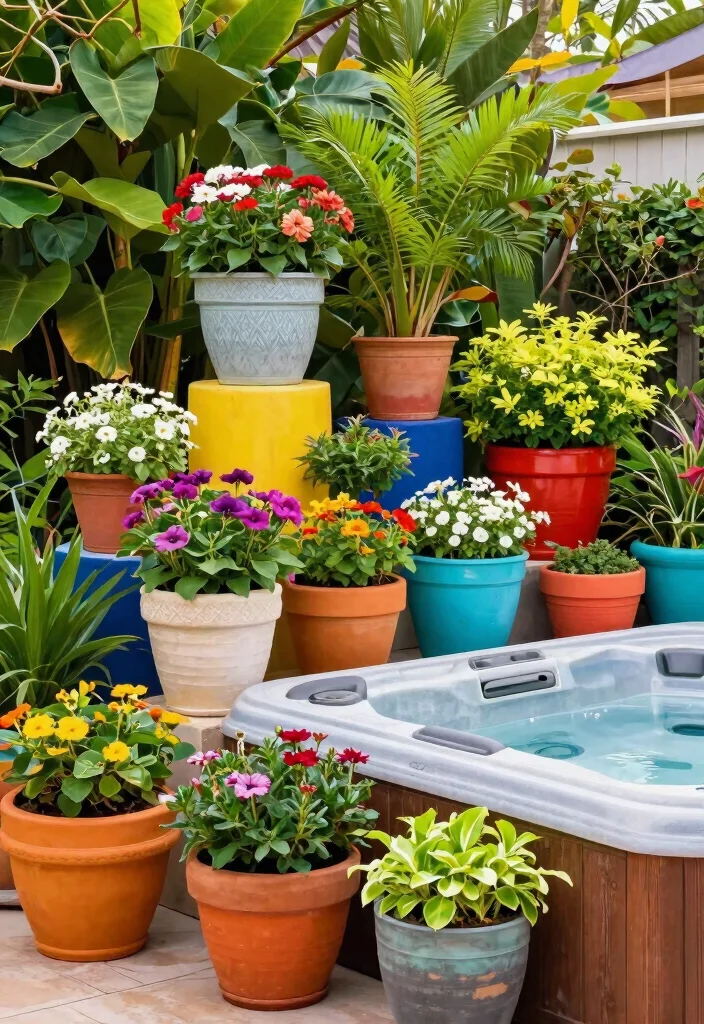 10 Beautiful Hot Tub Surround Ideas to Enhance Your Space 9. Colorful Container Gardens 0