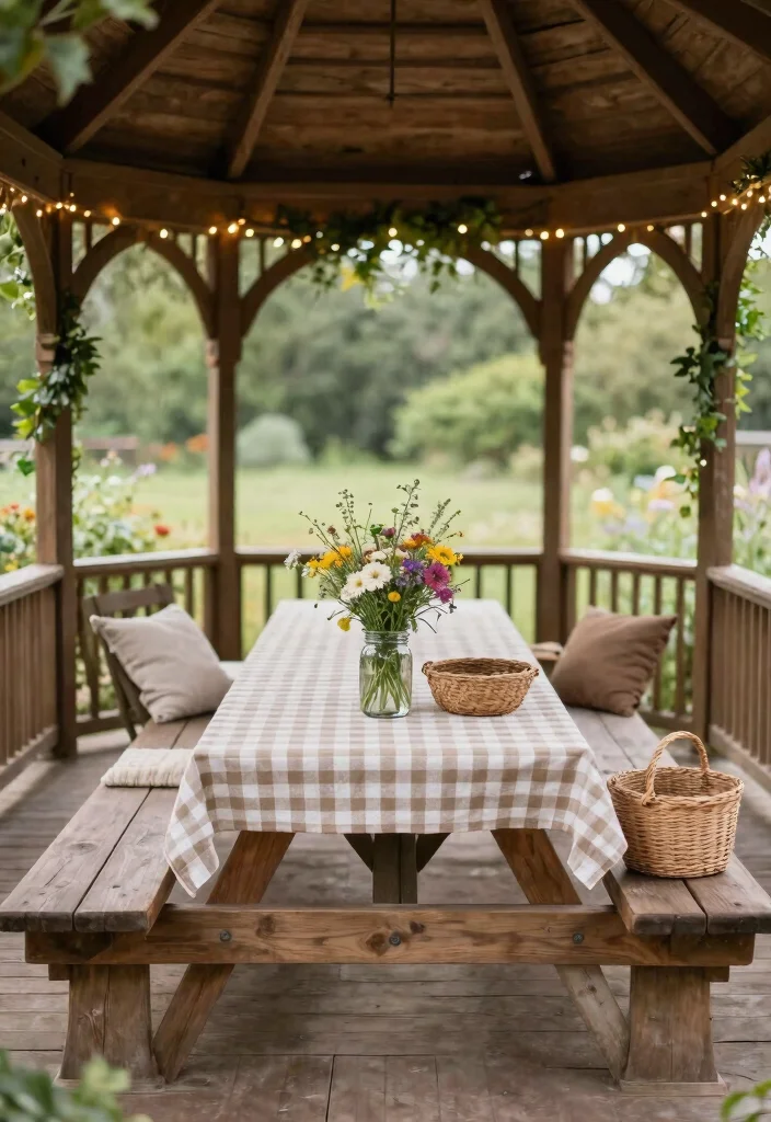 10 Cozy Gazebo Seating Ideas for Large Groups 2. Rustic Picnic Style 0