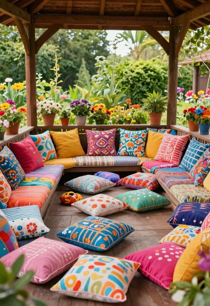 10 Cozy Gazebo Seating Ideas for Large Groups 9. Colorful Cushions and Throws 0
