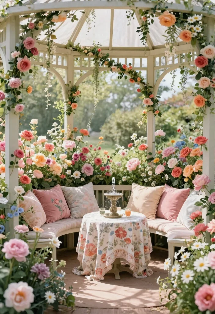 10 Magical Gazebo Decorating Ideas for a Dreamy Space 13 10 Magical Gazebo Decorating Ideas for a Dreamy Space 3. Romantic Floral Oasis 0