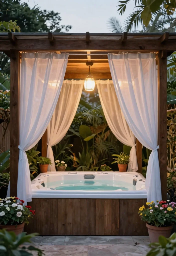 10 Modern Hot Tub Privacy Ideas for Your Private Spa 14 10 Modern Hot Tub Privacy Ideas for Your Private Spa 4. Pergolas with Curtains 0