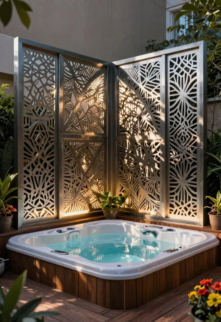 10 Modern Hot Tub Privacy Ideas for Your Private Spa 36 10 Modern Hot Tub Privacy Ideas for Your Private Spa 6. Artistic Screens 0