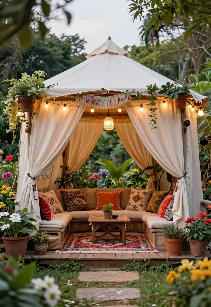 10 Practical Outside Gazebo Ideas for Sun & Rain 48 10 Practical Outside Gazebo Ideas for Sun Rain 8. Glamping Gazebo with Boho Decor 0