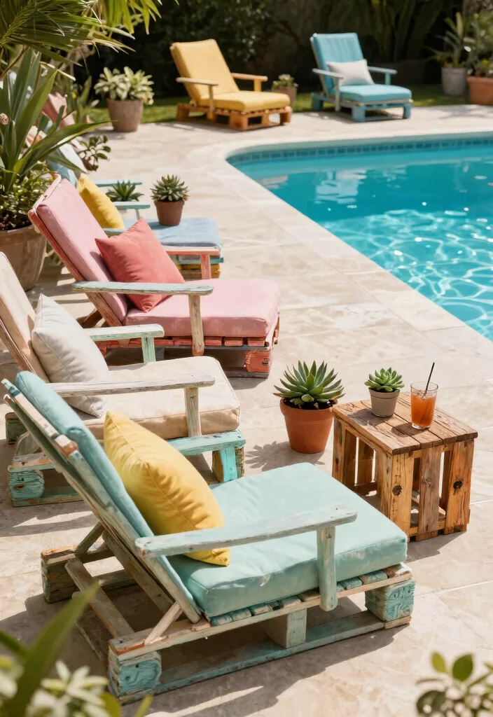 10 Trendy Pool Deck Furniture Ideas for Maximum Comfort 1. Upcycled Pallet Lounge Chairs 0