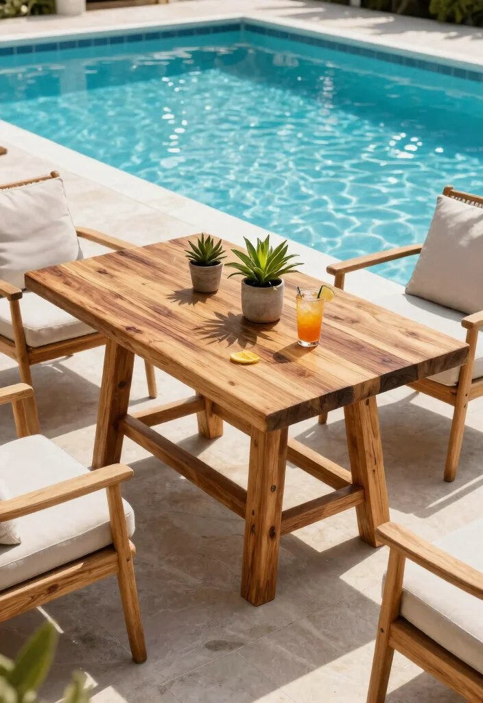 10 Trendy Pool Deck Furniture Ideas for Maximum Comfort 9. Eco Conscious Poolside Tables 0