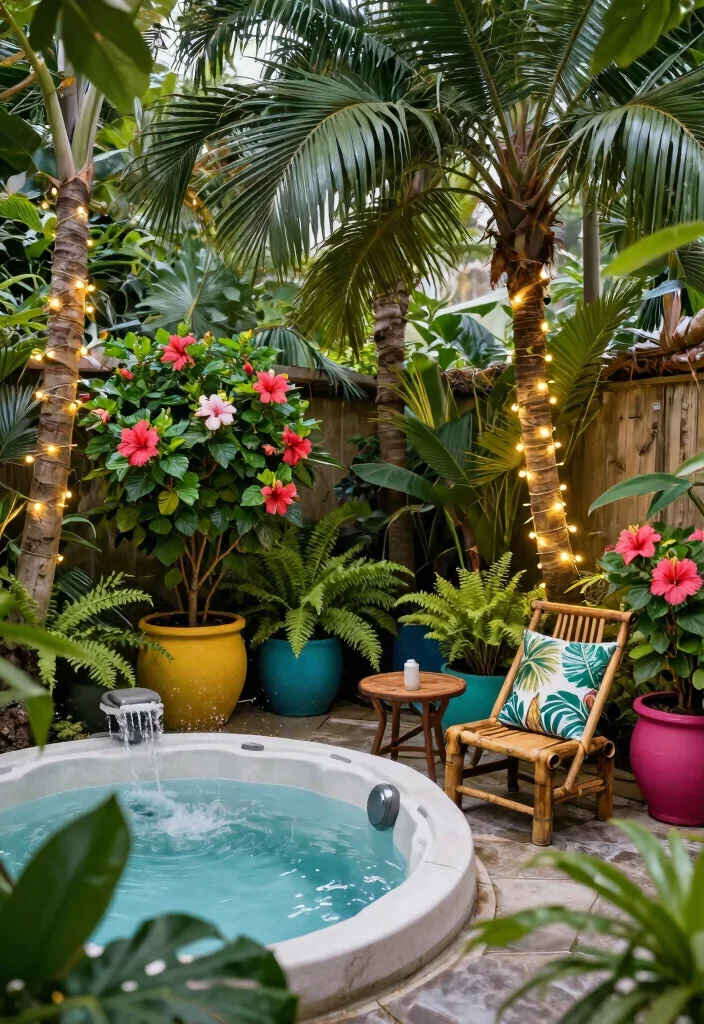 10 Unique Hot Tub Space Ideas to Fit Any Small Nook 1 10 Unique Hot Tub Space Ideas to Fit Any Small Nook 1. Tropical Retreat Vibes 0