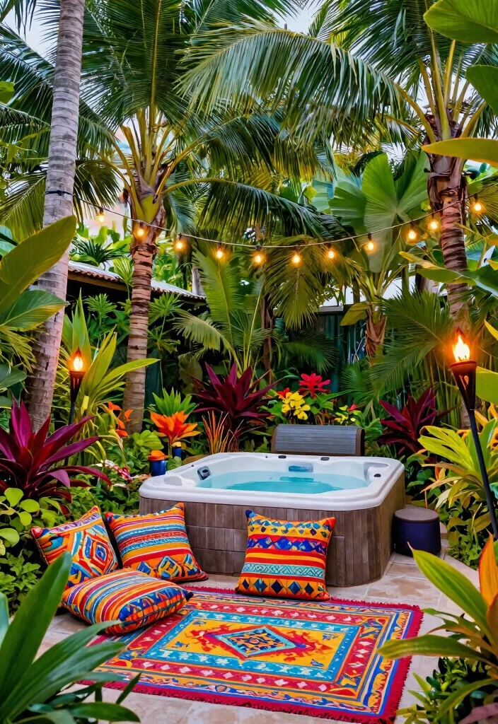 11 Functional Hot Tub Area Ideas for Small & Large Yards 24 11 Functional Hot Tub Area Ideas for Small Large Yards 4. Lush Tropical Escape 0