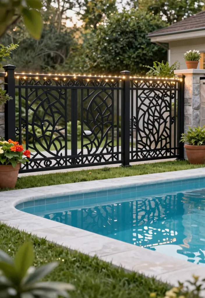 11 Secure Above Ground Pool Fence Ideas (Safe & Stylish) 2 11 Secure Above Ground Pool Fence Ideas Safe Stylish 2. Decorative Metal Fencing 0