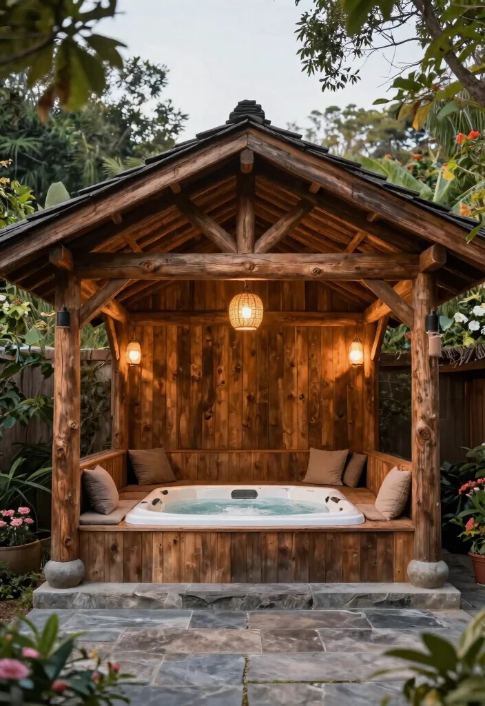 8 Sturdy Hot Tub Gazebo Ideas for Ultimate Shelter 1. Rustic Wooden Pavilion