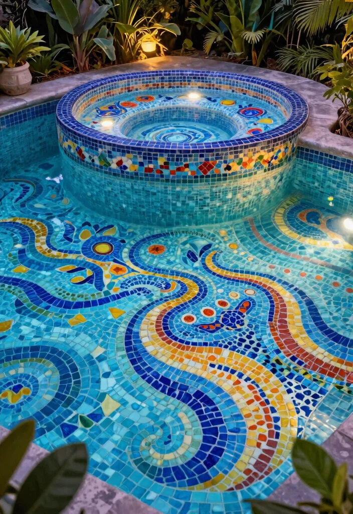 12 Incredible Pool Designs with Integrated Hot Tubs 11. Artistic Mosaic Pool with Hot Tub 0