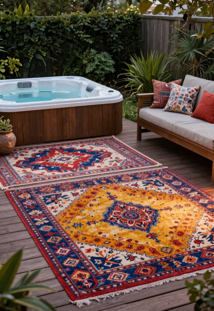 13 Professional Hot Tub Deck Ideas for a Sturdy Base 12. Colorful Outdoor Rugs 0