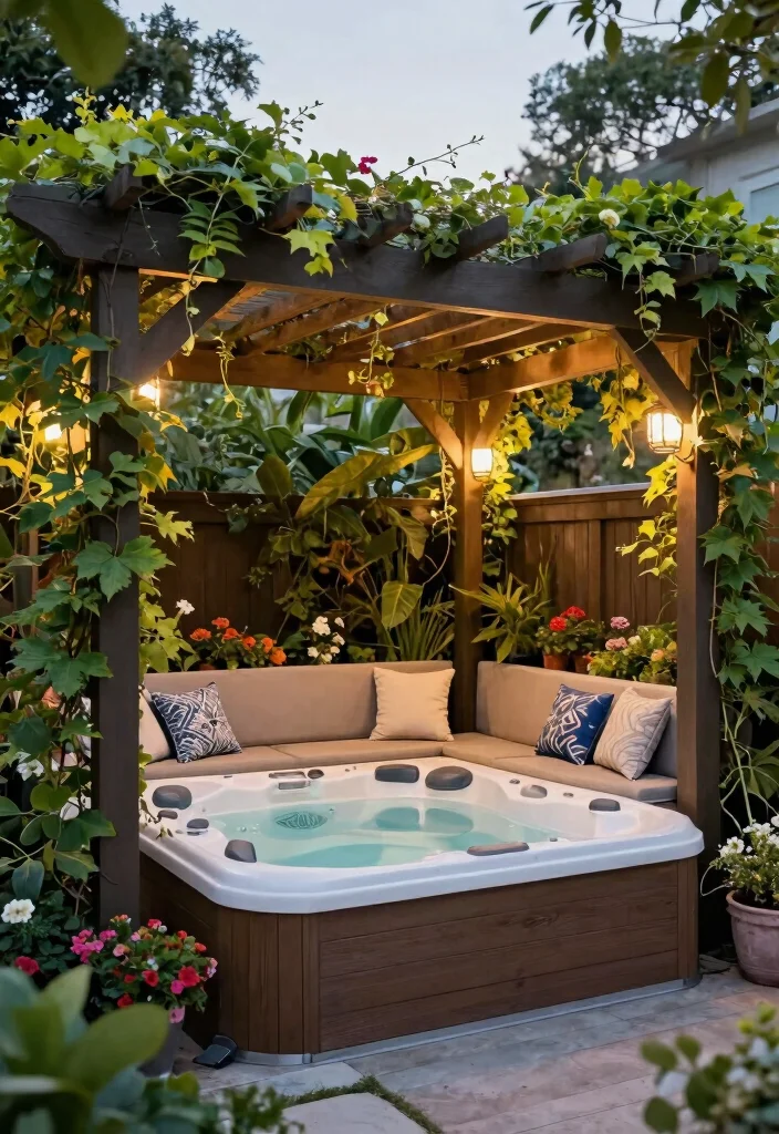 13 Professional Hot Tub Deck Ideas for a Sturdy Base 7. Pergola Covering 0