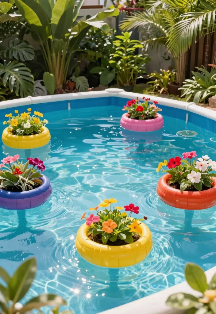 15 Genius DIY Above Ground Pool Ideas On a Budget 3. Floating Pool Planters 0