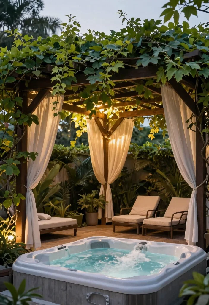8 Sturdy Hot Tub Gazebo Ideas for Ultimate Shelter 4. Elegant Pergola with Climbing Vines