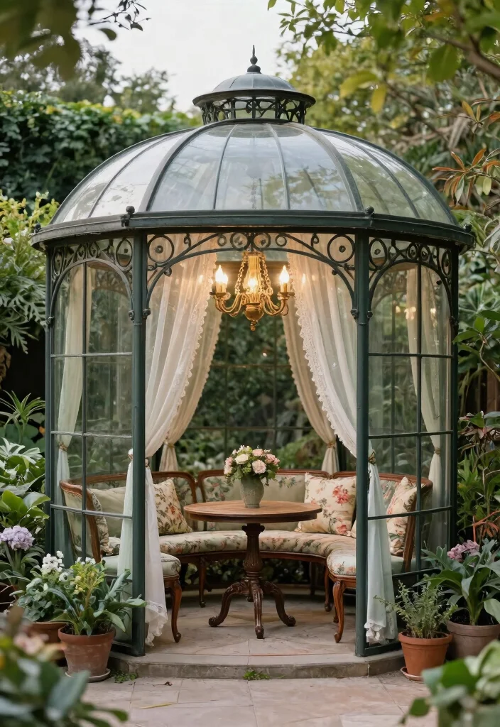 5 Luxury Glass Gazebo Ideas for a Crystal-Clear View 12 5 Luxury Glass Gazebo Ideas for a Crystal Clear View 2. The Vintage Inspired Retreat 0