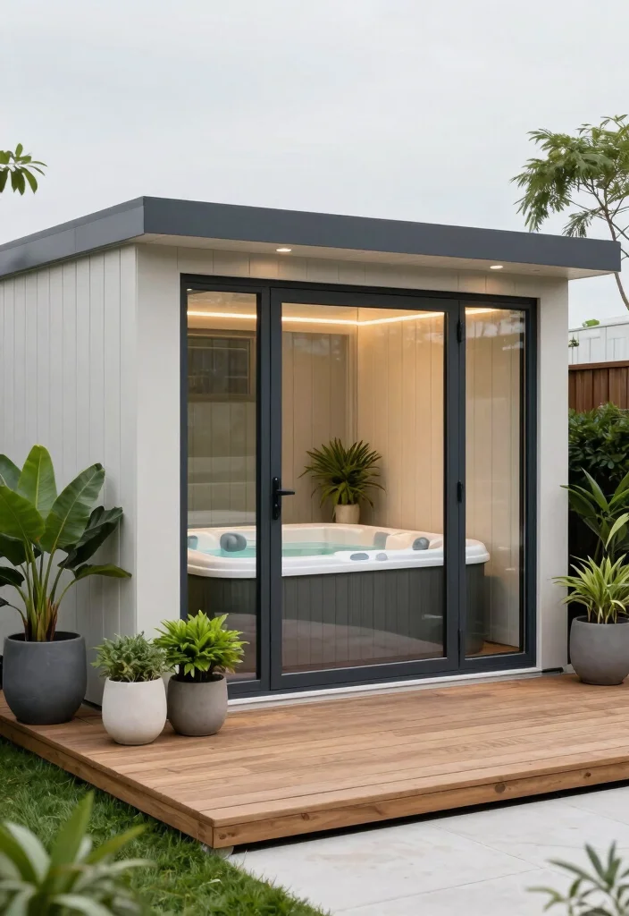 5 Secret Shed Hot Tub Ideas for a Private Getaway 2. Elegant Modern Shed Retreat 0