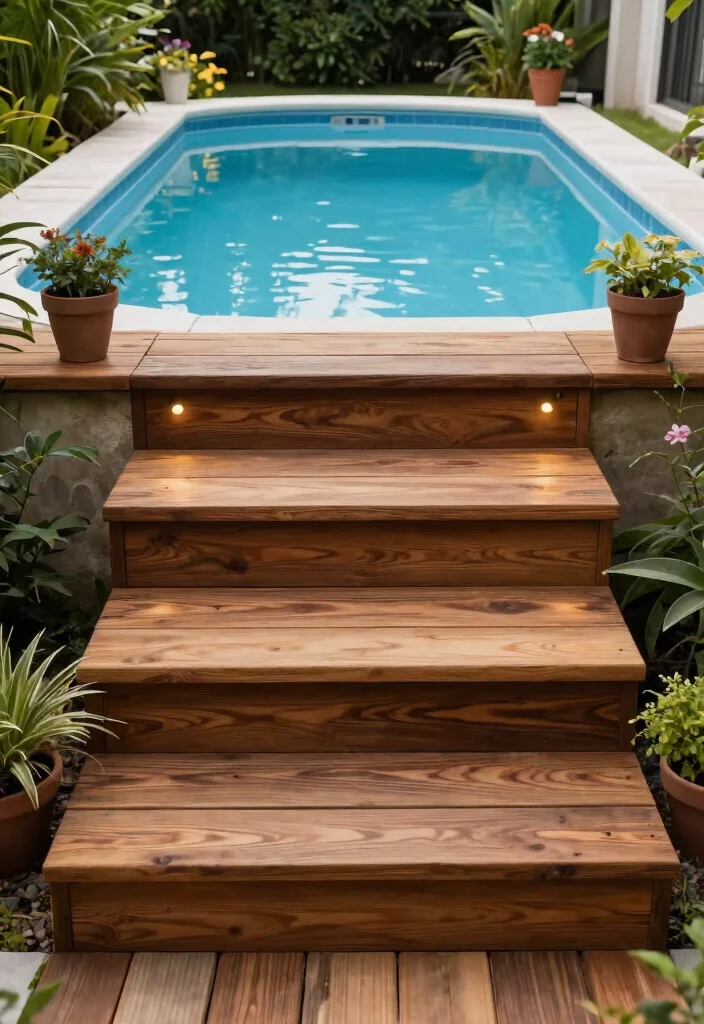 5 Stylish Above Ground Pool Steps Ideas for Easy Access 1. Elegant Wooden Deck Steps 0