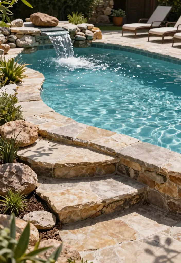 5 Stylish Above Ground Pool Steps Ideas for Easy Access 2. Stone Cast Pool Steps 0