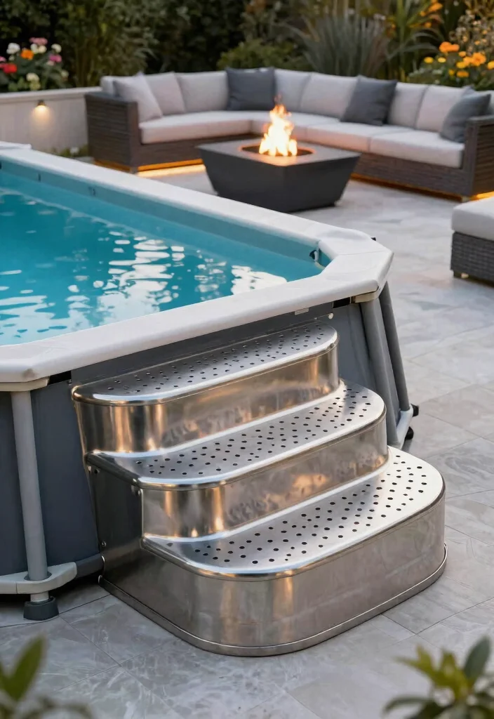 5 Stylish Above Ground Pool Steps Ideas for Easy Access 4. Artistic Metal Steps 0
