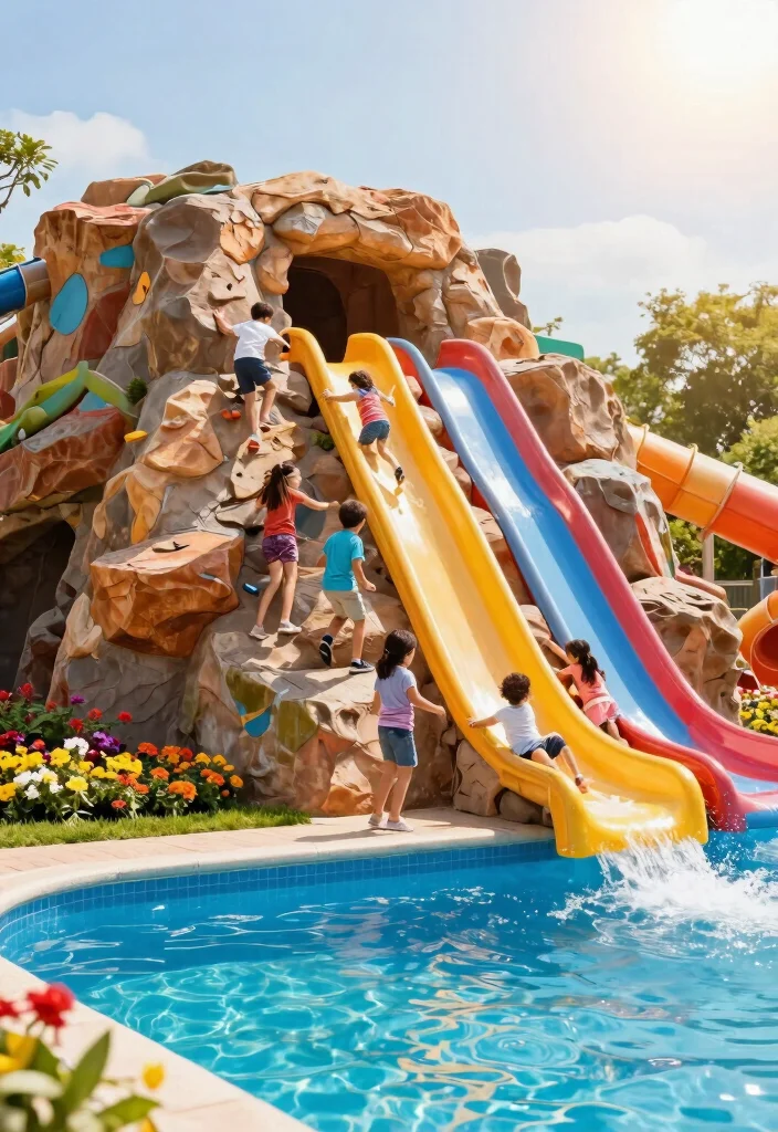 5 Thrilling Above Ground Pool Slide Ideas for Instant Fun 3. Rock Wall Slide Combo for the Brave 0