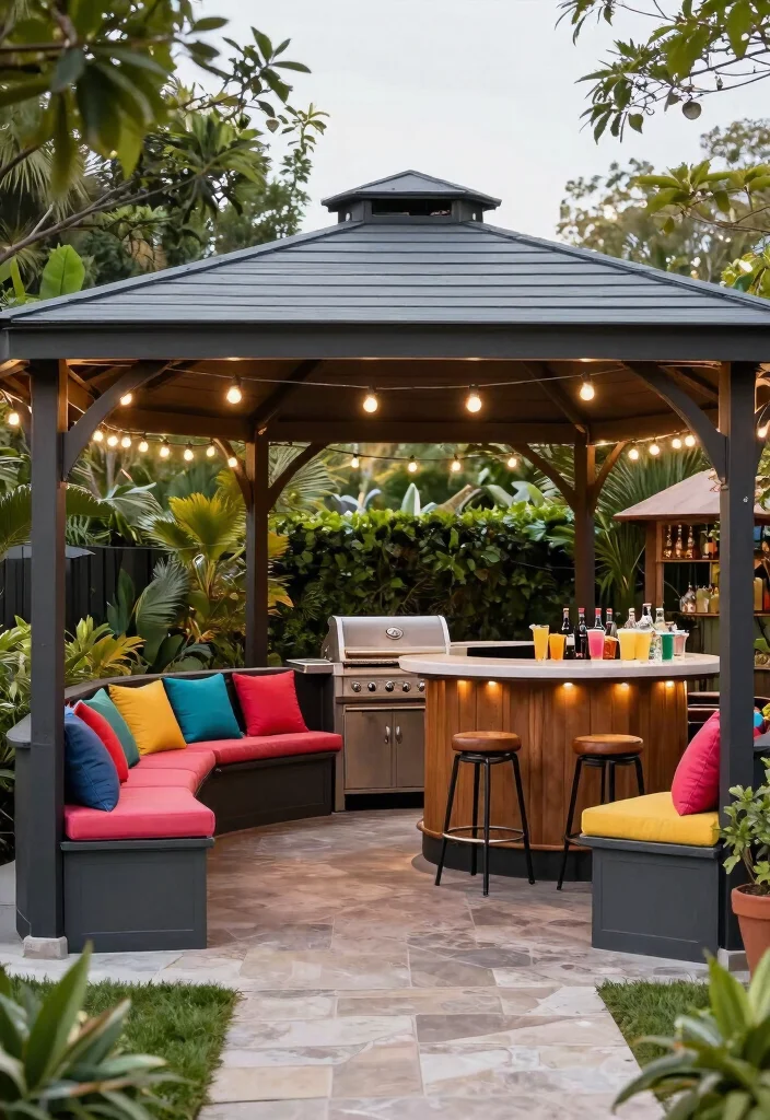 6 Best Grill Gazebo Ideas for the Ultimate BBQ Station 4. Entertaining Hub with Built in Seating 0