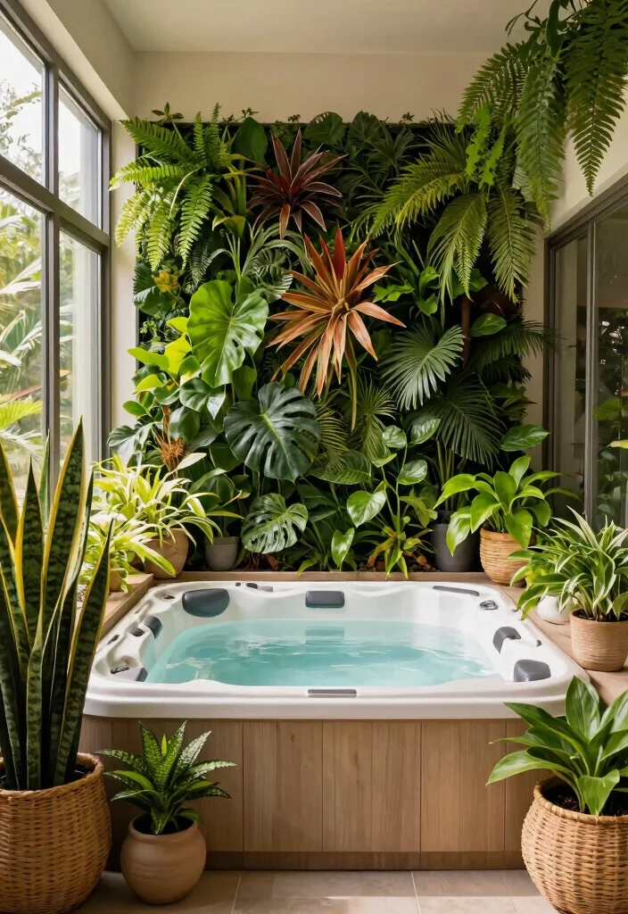 6 Cozy Hot Tub Room Ideas for an Indoor Escape 1. Botanical Wonderland Greenery Galore 0