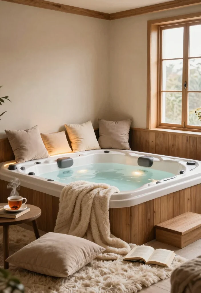 6 Cozy Hot Tub Room Ideas for an Indoor Escape 2. Cozy Nook Soft Textures and Warm Lighting 0