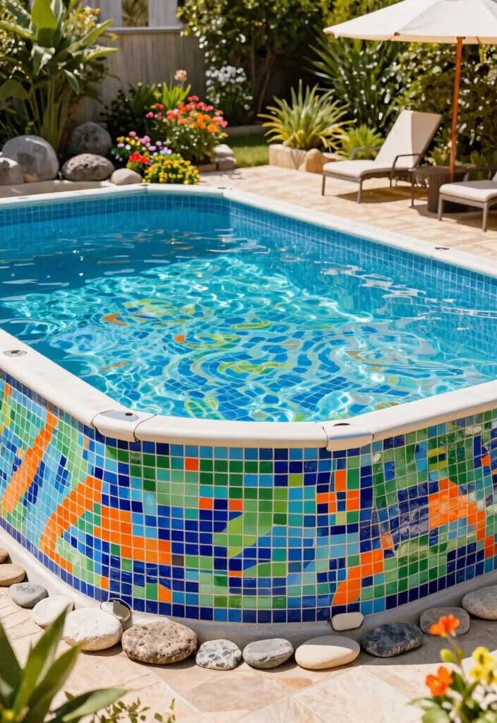 6 Creative Above Ground Pool Siding Ideas to Hide Metal 3. Playful Mosaic Tiles 0