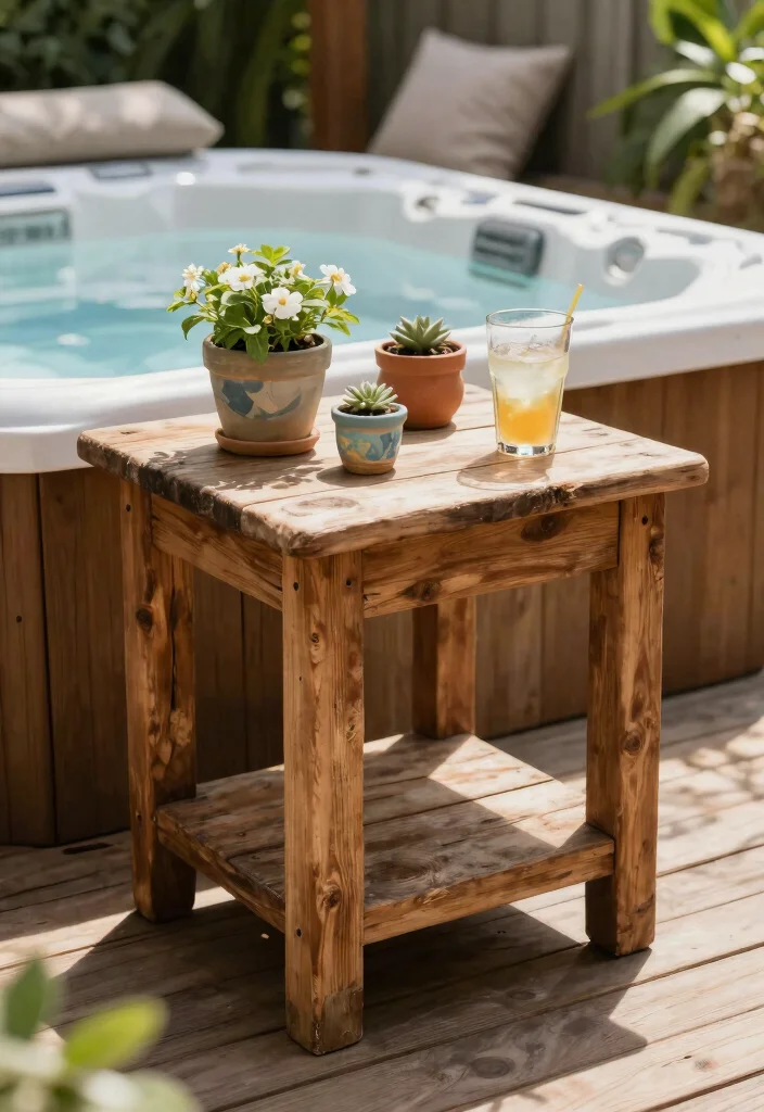 6 Easy Hot Tub Table Ideas Simple DIY Projects for Outdoor Relaxation 1. Rustic Wooden Side Table 0
