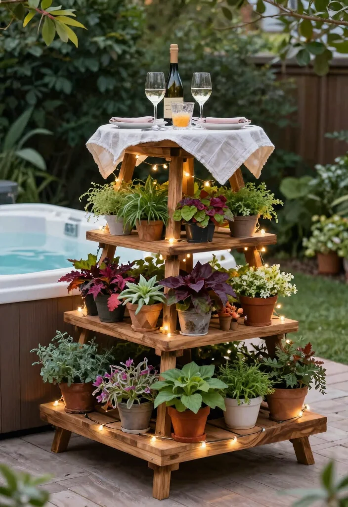 6 Easy Hot Tub Table Ideas Simple DIY Projects for Outdoor Relaxation 2. Multi tiered Plant Stand Table 0