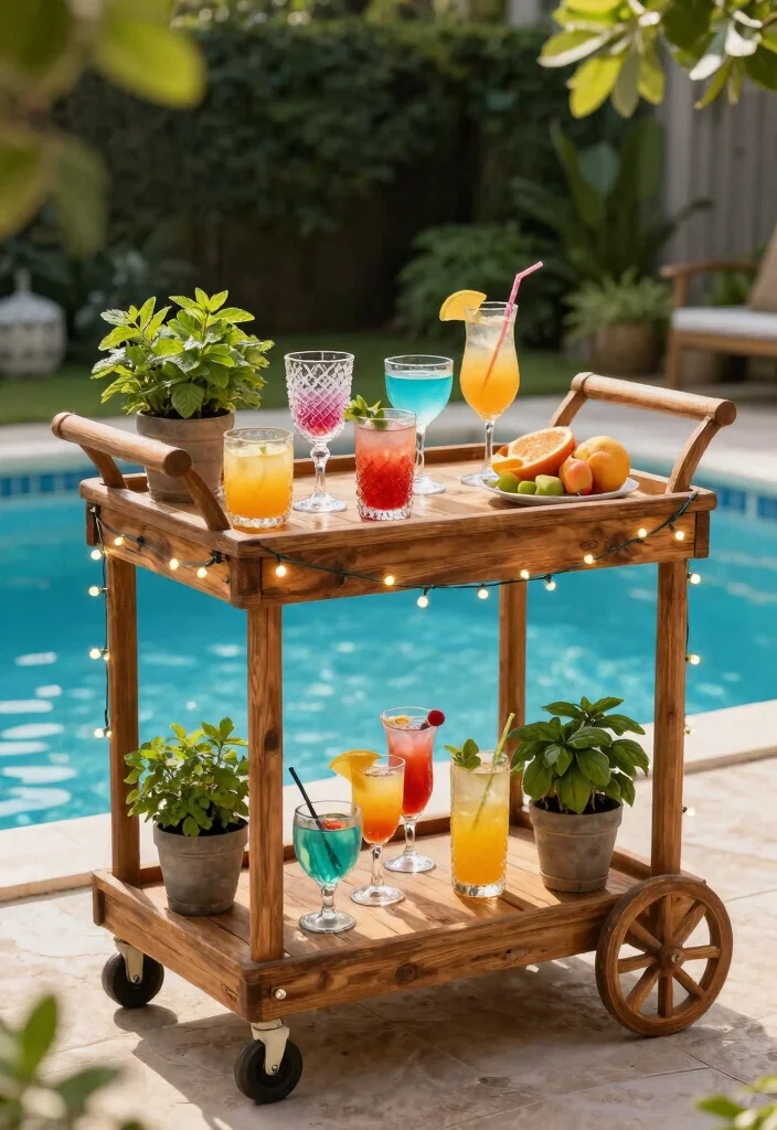 6 Fun Above Ground Pool Bar Ideas for Summer Parties 1. Rustic Wooden Bar Cart 0