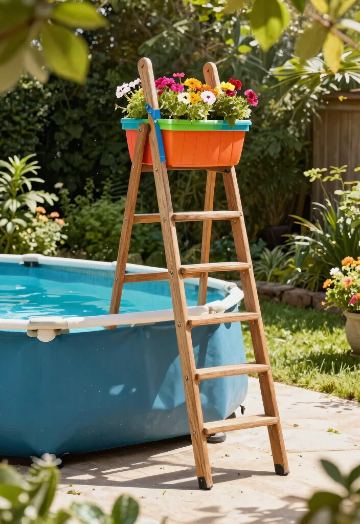 6 Sturdy Above Ground Pool Ladder Ideas for Safe Entry 34 6 Sturdy Above Ground Pool Ladder Ideas for Safe Entry 4. Ladder with Planter Boxes 0