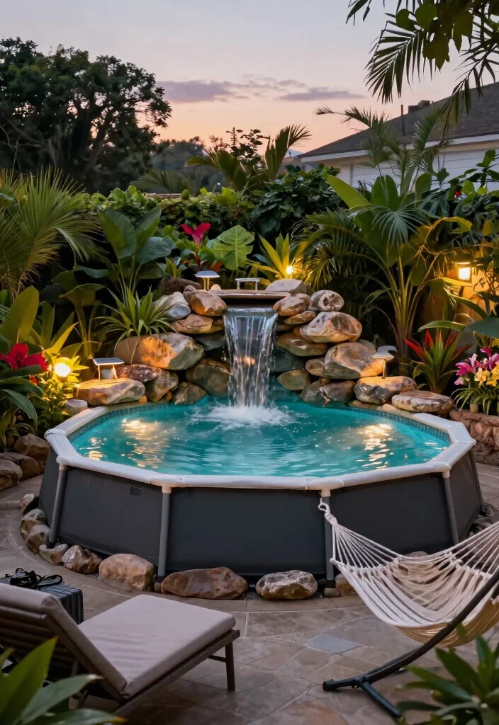 6 Ultimate Above Ground Pool and Fire Pit Ideas for Nights 1. Enchanted Waterfall Pool Retreat 0