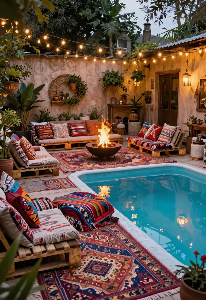 6 Ultimate Above Ground Pool and Fire Pit Ideas for Nights 3. Rustic Bohemian Vibes 0