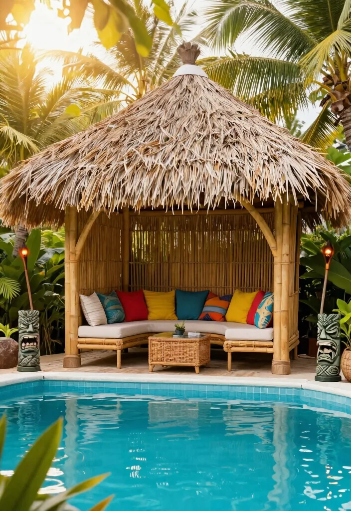 7 Cool Above Ground Pool Shade Ideas to Beat the Heat 6. Tiki Huts and Cabana 0