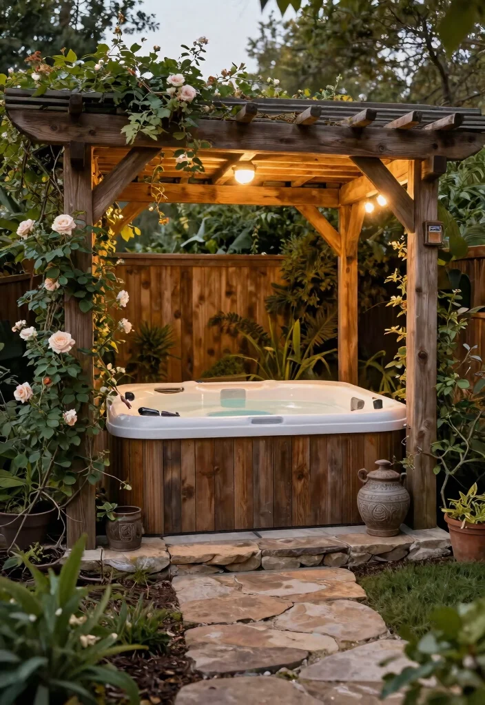 7 Elegant Hot Tub Pergola Ideas for Shade Style 1. Rustic Charm with Cedar Wood 0