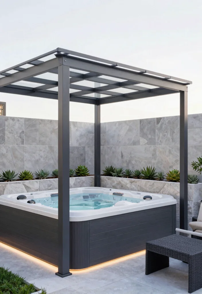 7 Elegant Hot Tub Pergola Ideas for Shade Style 2. Modern Minimalism with Steel and Glass 0