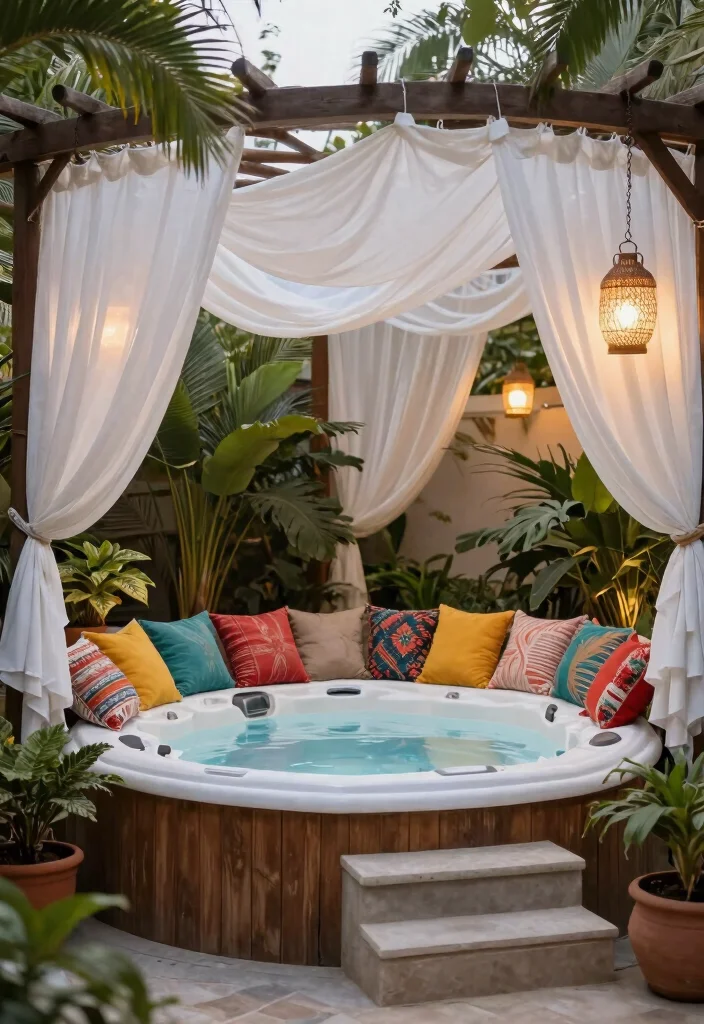 7 Elegant Hot Tub Pergola Ideas for Shade Style 3. Bohemian Bliss with Draped Fabrics 0