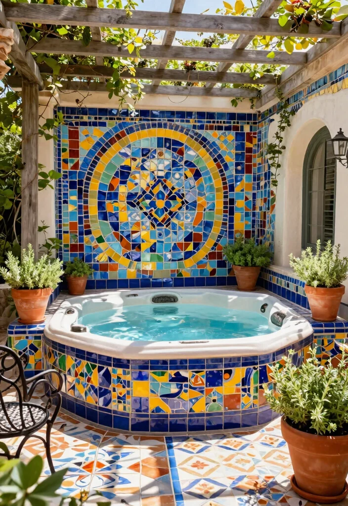 7 Elegant Hot Tub Pergola Ideas for Shade Style 4. Mediterranean Oasis with Tiles 0