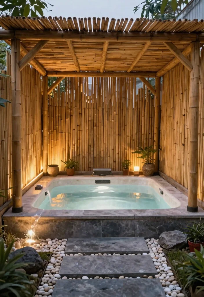7 Elegant Hot Tub Pergola Ideas for Shade Style 5. Zen Retreat with Bamboo 0