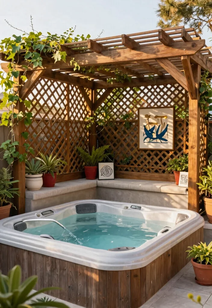 7 Elegant Hot Tub Pergola Ideas for Shade Style 6. Elegant Wooden Lattice 0