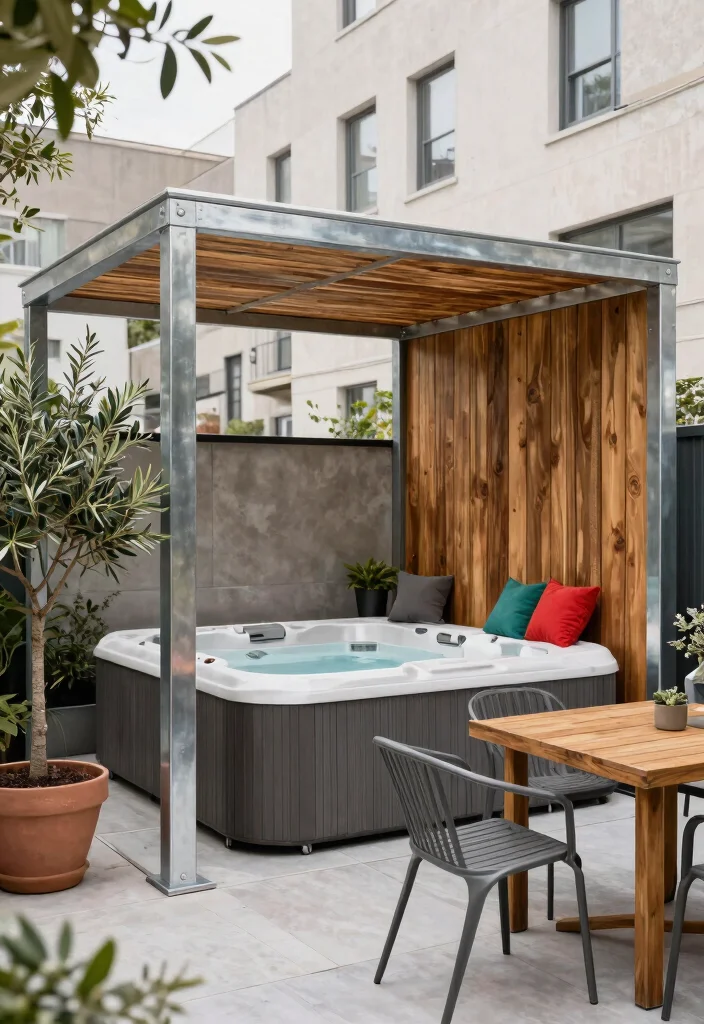 7 Elegant Hot Tub Pergola Ideas for Shade Style 7. Chic Urban Vibe with Metal and Wood Fusion 0