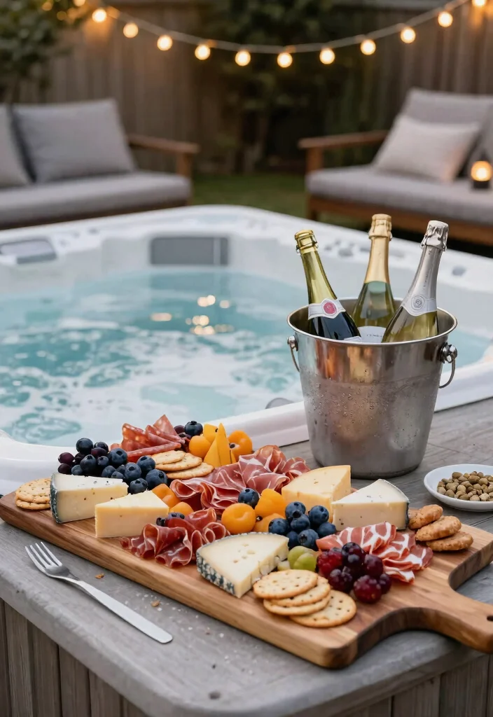 7 Fun Hot Tub Bar Ideas for Drinks by the Spa 12 7 Fun Hot Tub Bar Ideas for Drinks by the Spa 2. Sparkling Wine Charcuterie Pairing 0