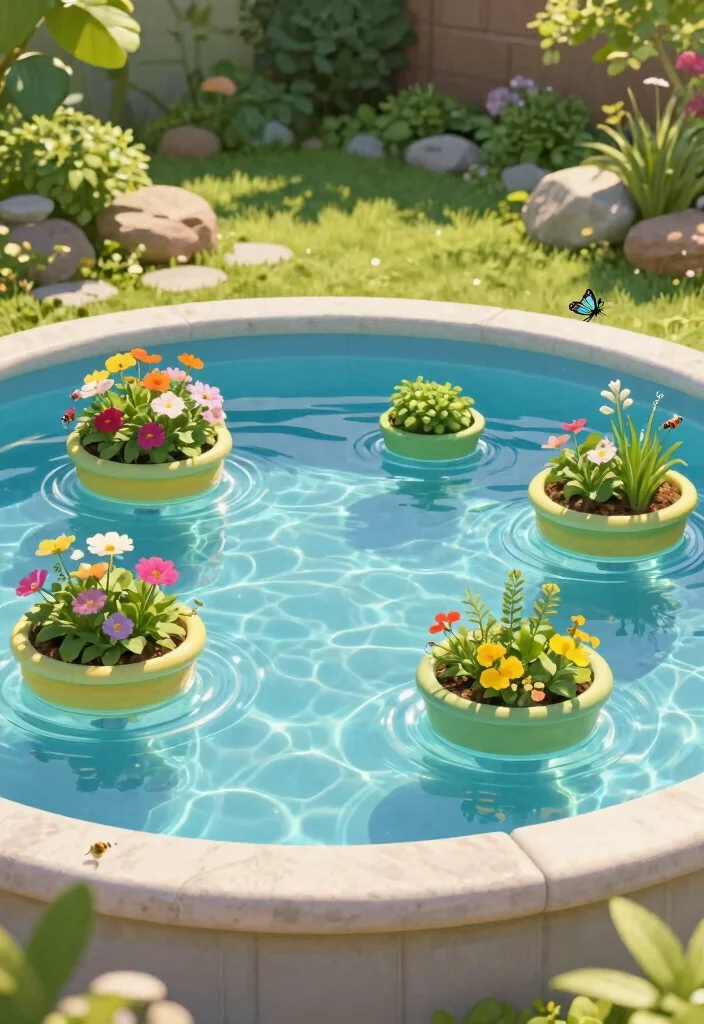 7 Refreshing Above Ground Plunge Pool Ideas for Small Spaces 3. Floating Planters 0