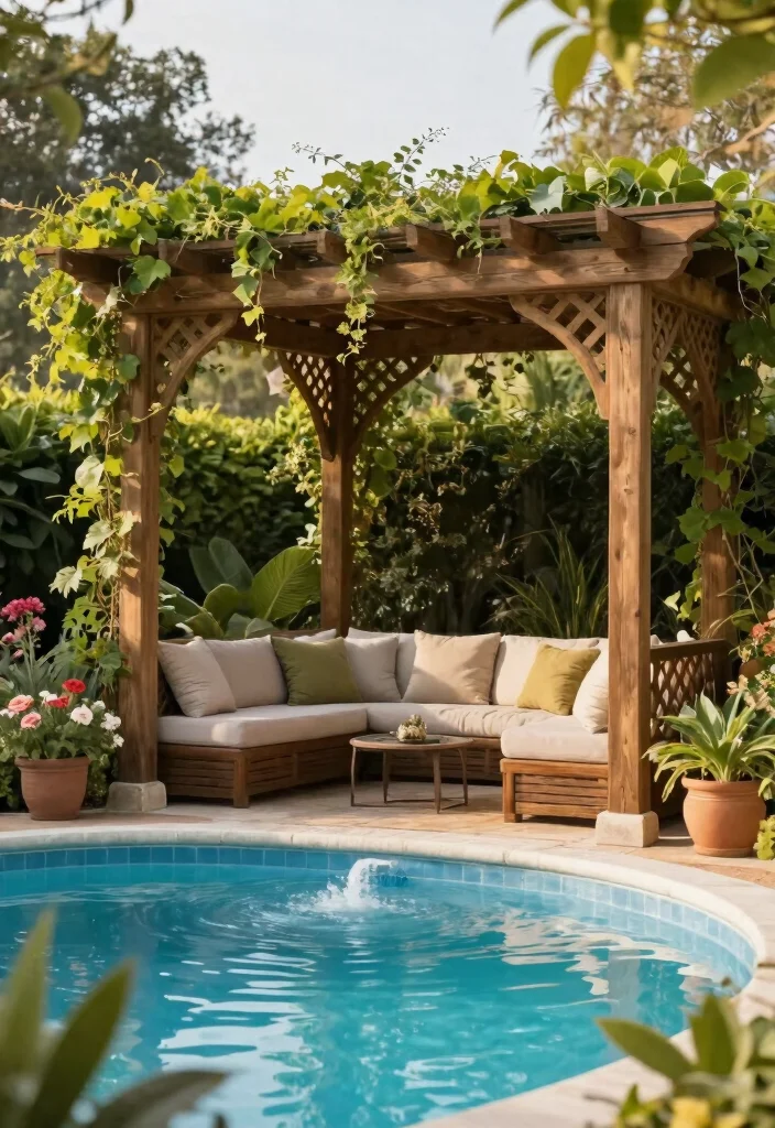 7 Refreshing Above Ground Plunge Pool Ideas for Small Spaces 4. Stylish Pergola Shades 0