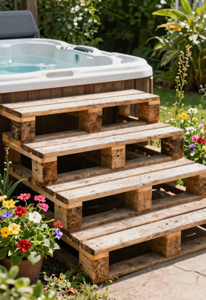 7 Safe Stylish Hot Tub Steps Ideas for Easy Entry 1. Wooden Pallet Steps 0